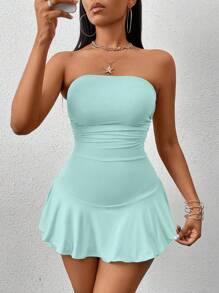 Zolique Ruffle Trim Strapless Jumpsuit Skorts, Fashionable Summer Outfit - Mint Blue - View 6