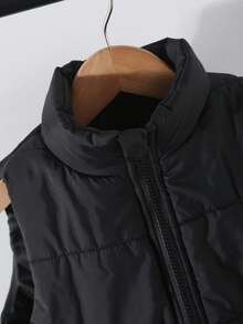 Girls' Casual Minimalist Stand Collar Sleeveless Loose Solid Color Padded Vest, Versatile Padded Coat For Autumn White - Black - View 8