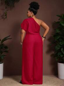 Slaydiva 2025 New Spring/Summer Plus Size Women's Graduation Party/Music Festival/Date/Vintage Western Vacation/Road Trip/Elegant Vacation/Tropical Vacation/Business Casual/Women's Vacation Jumpsuit - Deep Brown Single Shoulder Ruched Waist With Pockets Flared Leg Jumpsuit Plus Size Jumpsuit Jumpsuit For Women Wide Leg Jumpsuit Red Jumpsuit One Shoulder Jumpsuit - Red - View 2