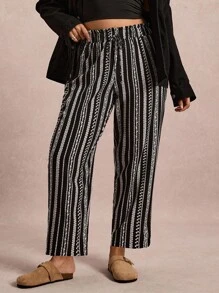 Freevana 大码女式荷叶边腰带条纹宽松裤，阔腿裤，工作裤，返校季秋季教师装，乡村音乐会西部波西米亚风，复古2000年代风格，秋季大码乡村老钱波西米亚休闲秋季假日 - 彩色 - 查看 4