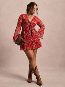 SHEIN VCAY 大码休闲花卉印花喇叭袖连衣裙 - 彩色 - 查看 5