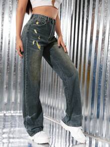 SHEIN ICON Jeans en denim décontractés, droits et amples pour femmes - Jean bleu - Voir 4