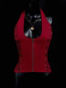 SHEIN ICON 女式纯色拉链挂脖系带绒面革背心红色束身衣上衣红色上衣女式束身衣上衣女式系带束身衣上衣红色上衣秋季女式服装婚礼宾客礼服女式 - 棕色 - 查看 1