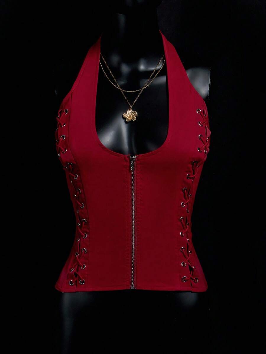 SHEIN ICON 女式纯色拉链挂脖系带绒面革背心红色束身衣上衣红色上衣女式束身衣上衣女式系带束身衣上衣红色上衣秋季女式服装婚礼宾客礼服女式 - 棕色 - 查看 1