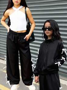 Sparklyn 3 件套青少年女孩服装：带蝴蝶结装饰的黑色拉链夹克、白色交叉肩带背心、蝴蝶结装饰阔腿裤，适合外出、度假、派对、返校 - 黑與白 - 查看 4