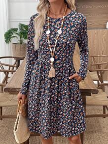 EMERY ROSE Women's Ditsy Floral Round Neck Long Sleeve Casual Mini Dress, Suitable For Vacation Fall Dresses Fall Clothes Winter Clothes For Women Office Dress Work Dresses For Women