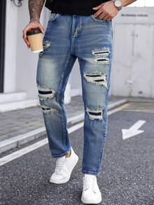 Manfinity LEGND Plus Size Men's Street Fashion Casual Patchwork Ripped Straight Slim Fit Blue Jeans - Medium Wash - View 6