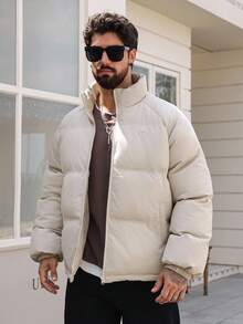 DAZY 男士厚棉衣，字母印花，纹理面料，立领，冬季夹克 - 淺灰色 - 查看 3