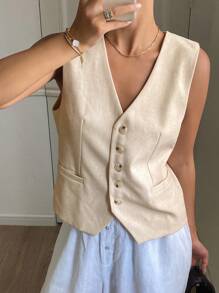 Livesso Áo khoác blazer vải lanh mùa hè không tay cổ chữ V ôm sát dành cho nữ, trang phục công sở mùa thu - trắng - Xem 3