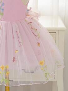 SHEIN Glamorique Kids 女婴无袖白色刺绣薄纱连衣裙，带蝴蝶结露背蓬松裙，适合生日派对、婚礼、节日、舞台表演、拍照、日常穿着 - 西瓜粉 - 查看 6