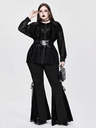 Gothic Palace Style Flocked Plus Size Semi-Sheer Blouse, Halloween