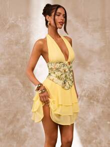 SHEIN BAE Váy ngắn hở lưng cổ chữ V sâu đính cườm và sequin thanh lịch màu vàng trơn, thích hợp cho bữa trưa, kỳ nghỉ, hẹn hò, mùa xuân và mùa hè - Vàng nhạt - Xem 6