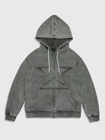 Grunge Punk Herren Einfarbiger Langarm Reißverschluss Kapuzenpullover mit Kordelzug