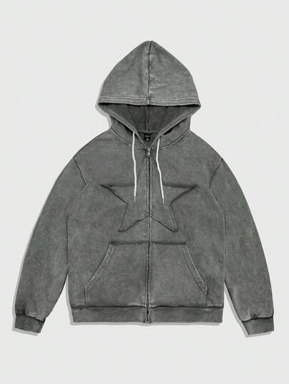 Grunge Punk Sudadera con capucha de unicolor, de manga larga y cremallera con cordón para hombre