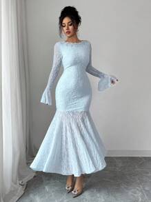 Modelyn Elegant Boat Neck Bell Sleeve Fitted Mermaid Hem High Stretch Textured Knit Dress Fall Cloth For Women - Blue - View 3