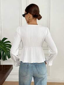 Serisse Women's French Solid Colour Lace V-Neck Long Sleeve Fashionable Shirt Cute Top  Fall Clothes For Women  Going Out Tops Women  Kawaii White Summer Casual White - White - View 2