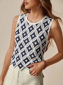 Florisole 夏季波西米亚风无袖菱形网眼针织上衣针织套头衫秋冬 - 藏蓝色 - 查看 6