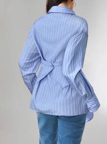 Heiryn Camisa casual/de trabajo para mujer con mangas caídas, rayas y lazo en la espalda - Azul - Ver 4