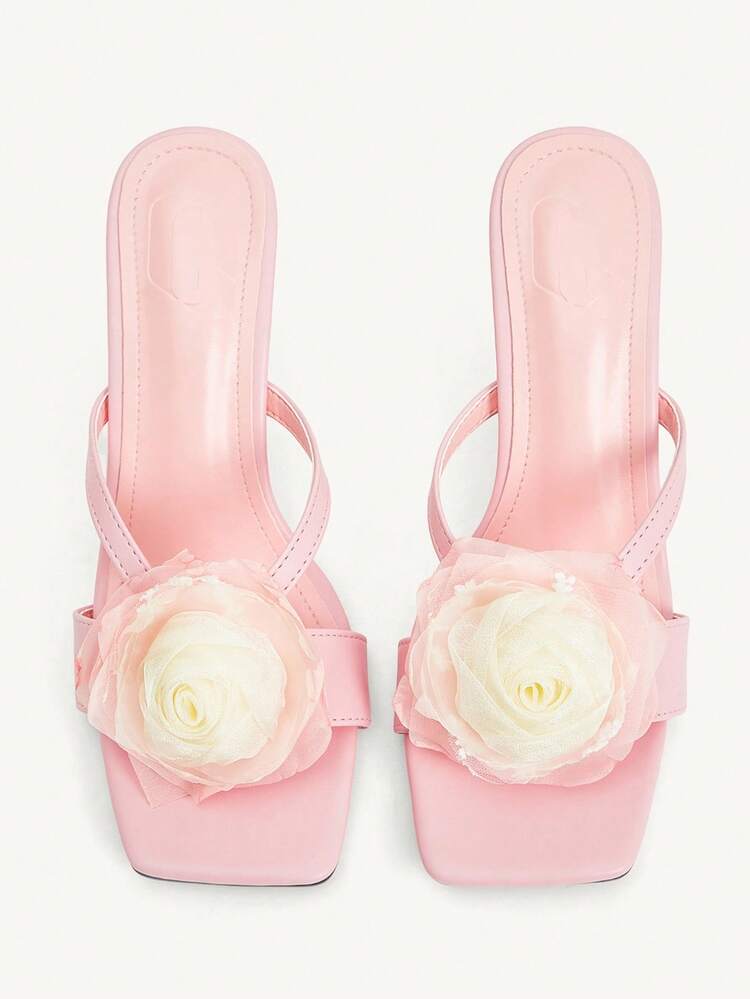 CUCCOO CHICEST Women's Elegant Floral Embellished Square Toe Stiletto Mid Heel Pumps, Comfortable Slip-On Casual Dress Sandals For Work, Date, Party, Formal Occasions