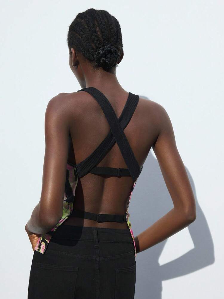 SHEIN Maija Floral Print Sleeveless Fitted All-Match Tank Top For Women, Comfortable Casual Modern Urban Design, Suitable For Commuting And Urban Vacation, Autumn