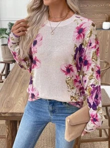 SHEIN LUNE Neu Vintage-inspirierter Farbdruck Rundhals leicht luftiger gestrickter Damen-Pullover, frisch und stylish für Frühling/Sommer - Aprikosenfarben - Übersicht 7