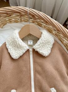 SHEIN Chaqueta térmica forrada con parches linda para niña, versátil para otoño/invierno - Caqui - Ver 6
