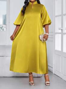 SHEIN Lady Spring And Summer Elegant Modest Party Wedding Cocktail Party Concert/Music Festival Gold Woven Satin Stand Collar Ball Gown Frill A Line Dress - Yellow - View 6