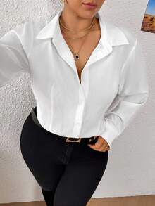 SHEIN PETITE CURVE 女士大码休闲商务纯色长袖连体衣，百搭，适合秋季、冬季穿着。白色衬衫，女士白色衬衫，大码白色衬衫，白色纽扣衬衫，女士连衣裙衬衫，春季女装，情人节女装，派对、婚礼及活动，女士休闲装，女士正装，日常穿着，通勤，上学，毕业典礼，白色衬衫领长袖女士连体衣 - 白色 - 查看 6