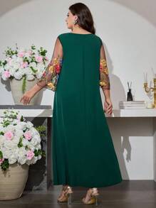 Al Najma Round Neck Puff Sleeve Colorful Embroidery Loose Hem Dress, Spring/Autumn - Dark Green - View 2
