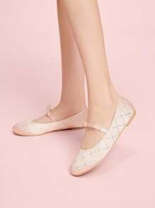 CUCCOO DOLLMOD Women Satin Rhinestone Diamond Decor 1cm Block Heel Flat Slip-On Fashion Loafers, Pink - Baby Pink - View 4