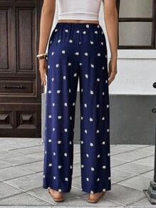 Chiquease Women's Loose Casual Embroidered Pleated Long Pants, Summer Casual Spring For University Fall - Navy Blue - View 2