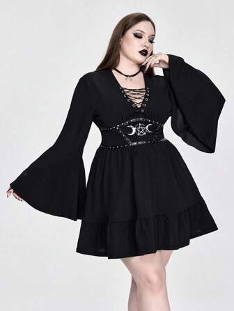 Goth Plus Size Vintage Gothic Palace Moon Embroidery A-Line Short Lace Dress