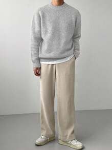 DAZY 男士纯色休闲日常简约百搭宽松落肩毛衣，适合秋季 - 灰色 - 查看 5