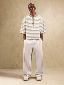 SUMWON Oversized Passform gestreiftes Poloshirt mit klassischem langem Knopfleistendesign, locker, retro, lässig, Wochenende, minimalistisch, atmungsaktiv, moderner urbaner Streetwear - Grün - Übersicht 3