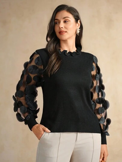 Flouryn Plus Size Women Round Neck Patchwork Round Sequin Mesh Long Sleeve Pullover Sweater Birthday Fall Elegant Women Sweaters Knitted Tops For Women Pullover For Women Fall Winter