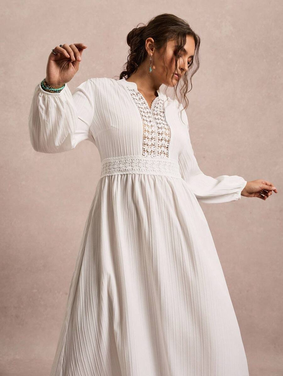 Freevana 大码休闲纯色蕾丝拼布连衣裙