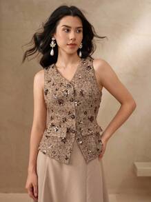 DAZY 优雅通勤亮片V领无袖女式衬衫，奢华外出上衣，闪亮嘉年华上衣 - 卡其色 - 查看 3