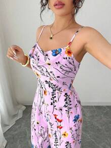 SHEIN PETITE Bộ đồ liền thân ống rộng không tay họa tiết hoa thanh lịch dành cho nữ, Xuân/Hè - Màu tím - Xem 7