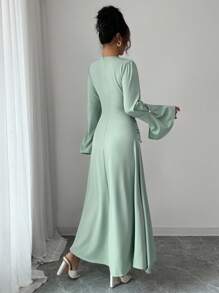 Elenzga Vestido elegante de mujer con diseño plisado y mangas acampanadas de unicolor