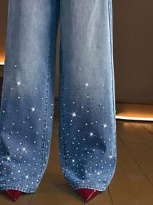 Selenza Women's Distressed Diamond Rivet Decor Wide-Leg Jeans
