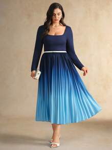 Flouryn Plus Size Elegant Navy Blue Ombre Waist Long Sleeve A-Line Dress For Women, Autumn Fall Outfits Dresses - Multicolor - View 4