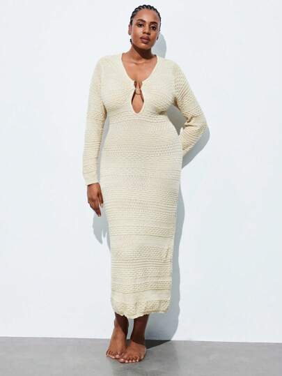 Maija 加大码女式杏色 V 领短袖针织长裙，带金属环细节，简约时尚休闲紧身长裙，职业女性优雅毕业/派对/生日礼服