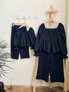 LMoss Kids LMoss  2pcs Tween Girl Woven Solid Puff Sleeve Casual Shirt And Loose Fit Pants Set Little Girl Co Ord Set Girls Spring And Autumn Suit Girls Blouse Set Tween Girl Peplum Top And Wide Leg Pants Girls Navy Two-Piece Set Teen Girls Outfit Sets,Ensemble,Herbst Outfit,Trousse Fall Winter