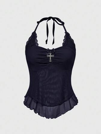 Goth Top corto con cuello de corbata, borde asimétrico, encaje de contraste y decoración de cruz de cristal con estilo punk dulce Y2K de verano