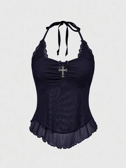 Goth Top corto con cuello de corbata, borde asimétrico, encaje de contraste y decoración de cruz de cristal con estilo punk dulce Y2K de verano