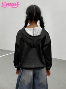 Tween Girls Spider Web & Heart Print Zip-Up Hoodie Sweatshirt - Black - View 2