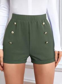 SHEIN PETITE CURVE Quần short cạp cao cài nút thường ngày cỡ lớn - Màu xanh Ô liu - Xem 4