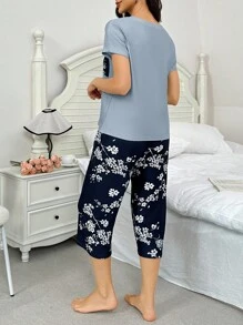 SHEIN Multicolor Round Neck Short Sleeve PJS For Everyday Comfort Women PJSs Floral PJSs Pj Sets Women Short Sleeve Summer PJSs Women Blue PJSs Women - Multicolor - View 2