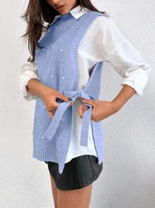 EURMUSE Round Neck Sleeveless Sweater With Pearls - Baby Blue - View 5