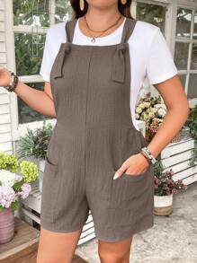 SHEIN LUNE 大码女式休闲纯色拼布口袋宽松吊带连体短裤（不含T恤），夏季